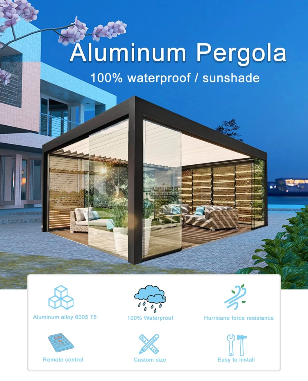 Luxury Rainproof Patio Roof Outdoor Garden Furniture Aluminum Gazebo Motorized SPA Pergola Sun Shade Roof Louver with Side Screen